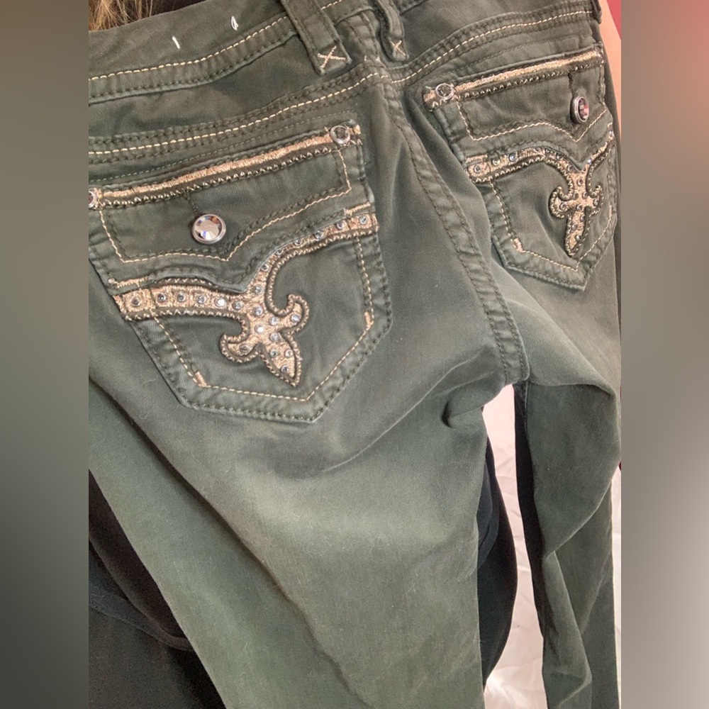 Rock Revival Olive Dark Green skinny Jeans with Embellished Back Pockets